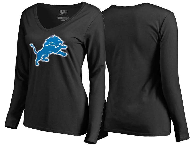 Women's Detroit Lions Black Primary Logo V-Neck Long Sleeve T-Shirt