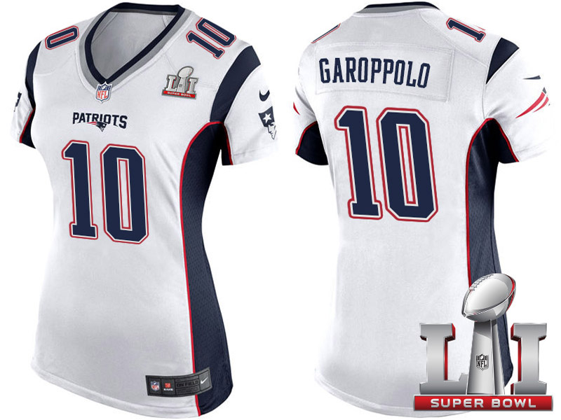 Women's New England Patriots #10 Jimmy Garoppolo White 2017 Super Bowl 51 Patch Game Jersey