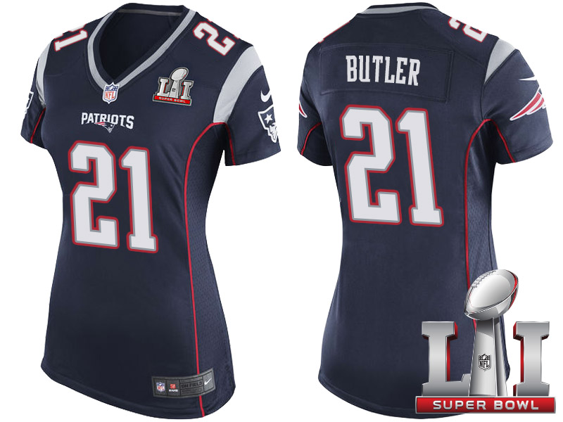 Women's New England Patriots #21 Malcolm Butler Navy 2017 Super Bowl LI Patch Game Jersey