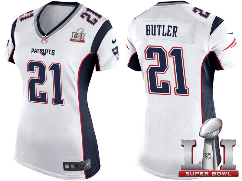 Women's New England Patriots #21 Malcolm Butler White 2017 Super Bowl LI Patch Game Jersey