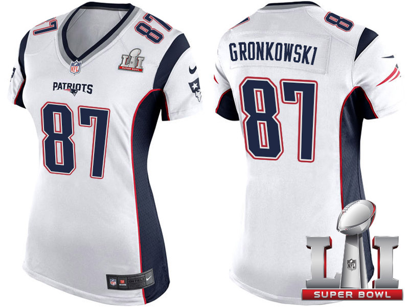 Women's New England Patriots #87 Rob Gronkowski White 2017 Super Bowl LI Patch Game Jersey