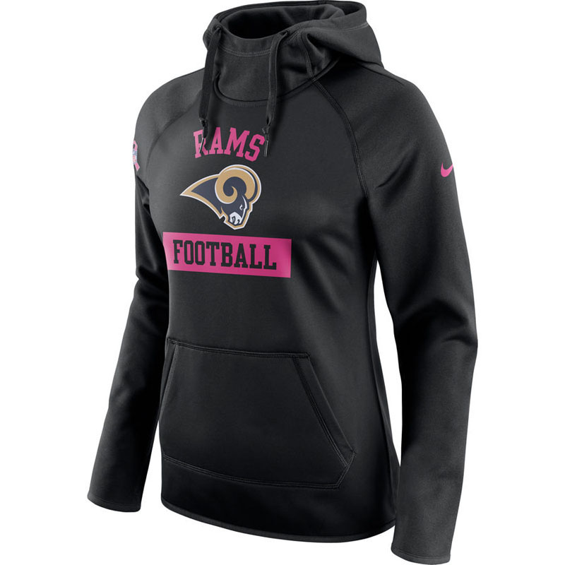 Women's Los Angeles Rams Black Breast Cancer Awareness Circuit Performance Pullover Hoodie