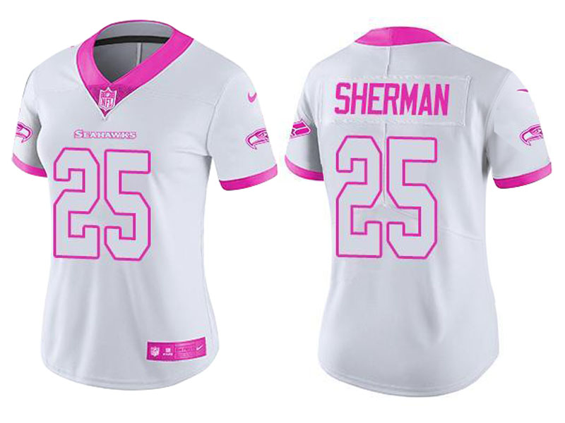 Women's Seattle Seahawks #25 Richard Sherman White Pink Rush Fashion Jersey