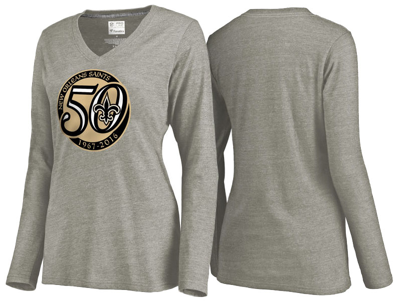 Women's New Orleans Saints Gray Pro Line 50th Season Tri-Blend V-Neck Long Sleeve T-Shirt