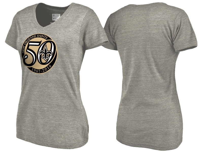 Women's New Orleans Saints Gray Pro Line 50th Season Tri-Blend V-Neck T-Shirt