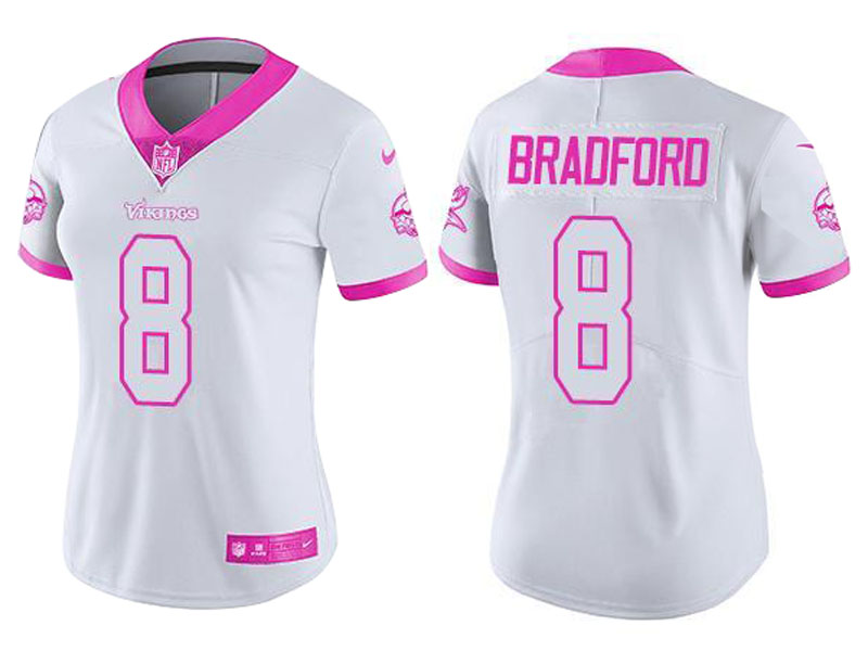 Women's Minnesota Vikings #8 Sam Bradford White Pink Rush Fashion Jersey