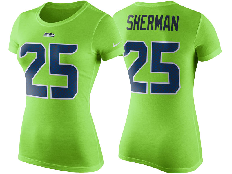 Women's Seattle Seahawks #25 Richard Sherman Green Player Pride Color Rush Name & Number T-Shirt