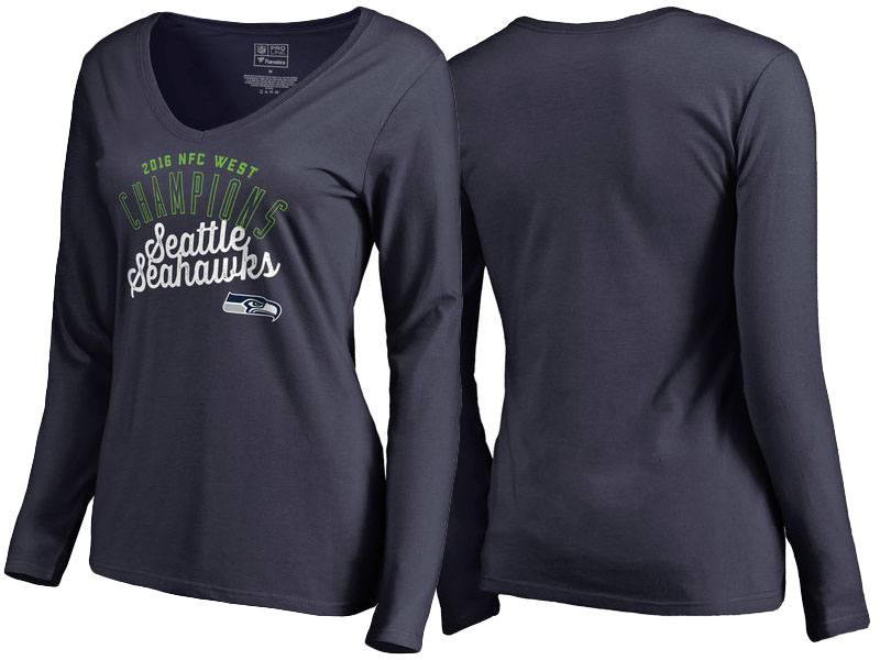 Women's 2016 NFC West Division Champions Seattle Seahawks College Navy V-Neck Long Sleeve T-Shirt