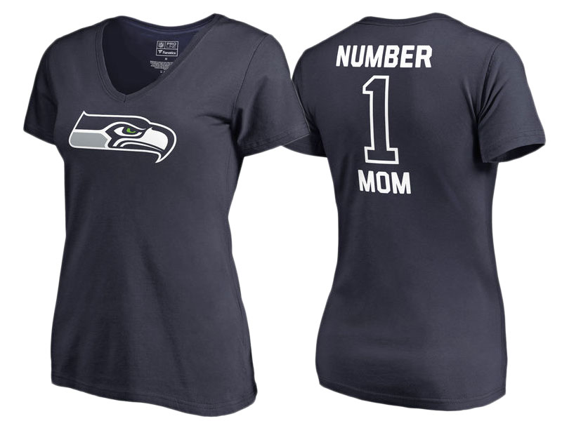 Women's Seattle Seahawks College Navy #1 Mom V-Neck T-Shirt