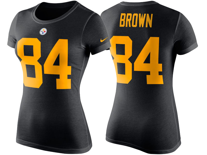 Women's Pittsburgh Steelers #84 Antonio Brown Black Player Pride Color Rush Name & Number T-Shirt