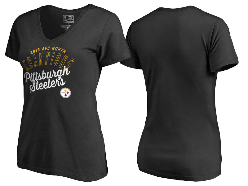 Women's 2016 AFC North Division Champions Pittsburgh Steelers Black V-Neck T-Shirt