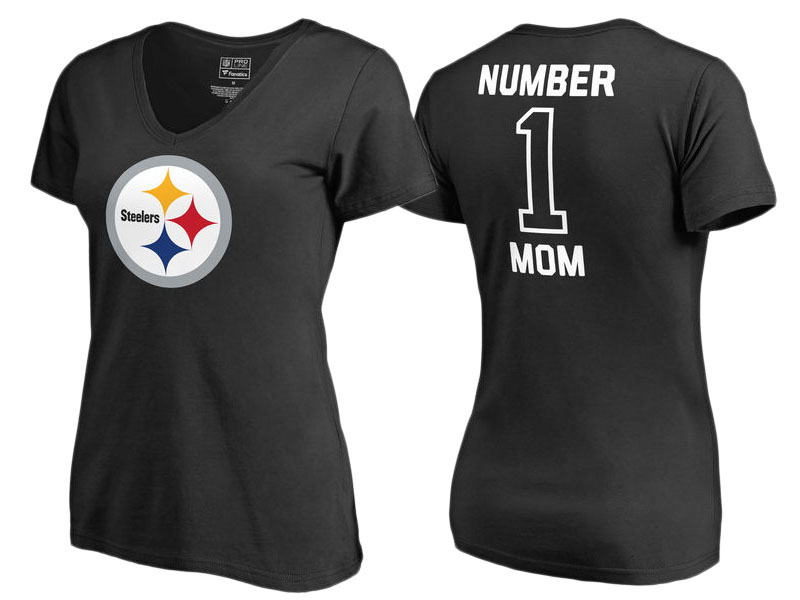 Women's Pittsburgh Steelers Black #1 Mom V-Neck T-Shirt