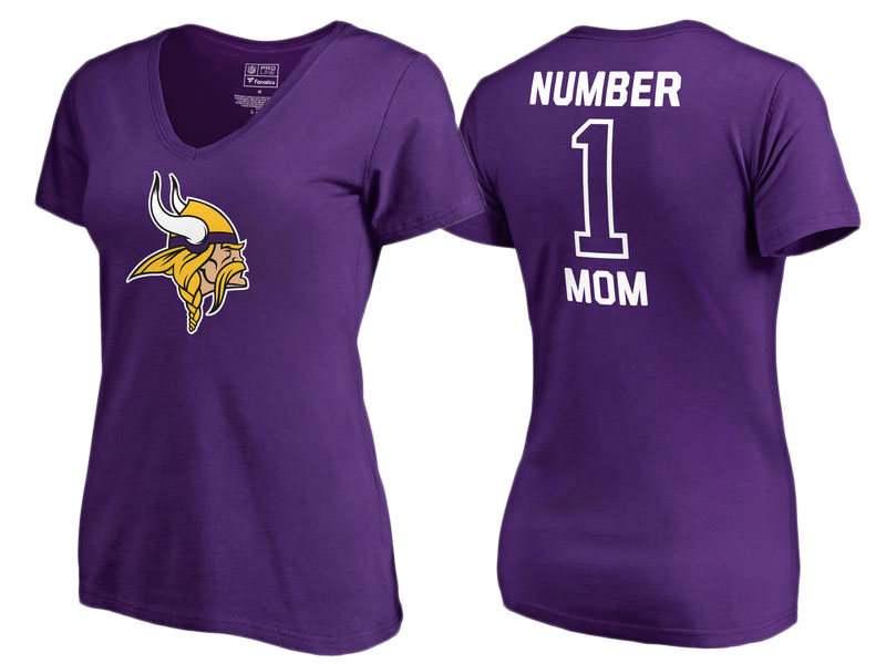 Women's Minnesota Vikings Purple #1 Mom V-Neck T-Shirt