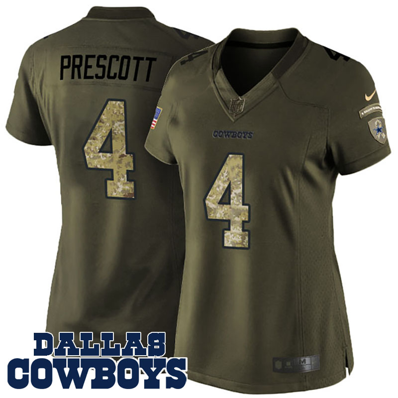 Women Dallas Cowboys #4 Dak Prescott Green Salute To Service Jersey