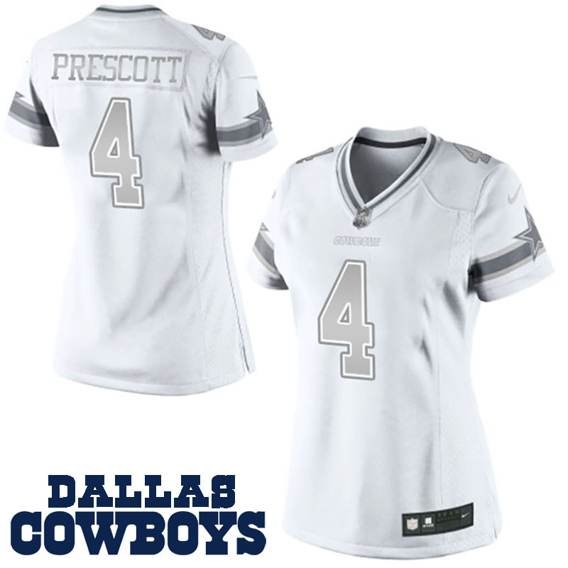 Women Dallas Cowboys #4 Dak Prescott White Platinum Limited NFL Preseason Game Jersey