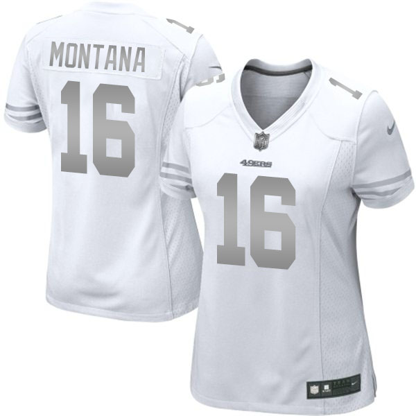 Women's San Francisco 49ers #16 Joe Montana Nike White Platinum Jersey