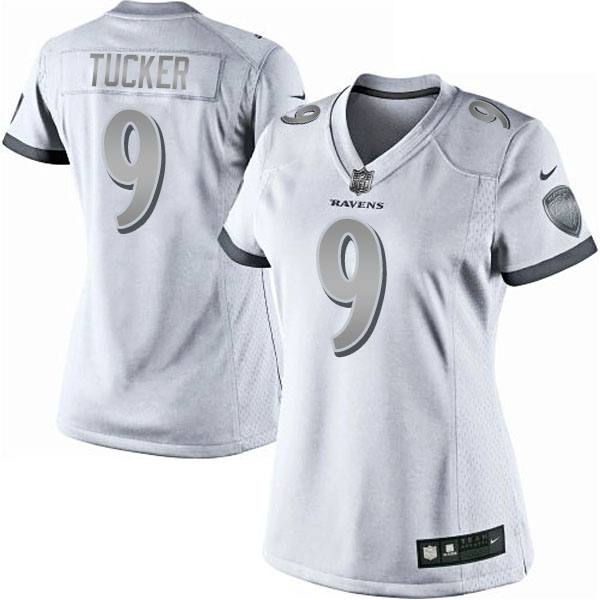 Women's Baltimore Ravens #9 Justin Tucker Nike White Platinum Jersey