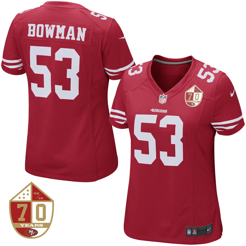 Women's San Francisco 49ers #53 NaVorro Bowman Scarlet 70th Anniversary Patch Game Jersey