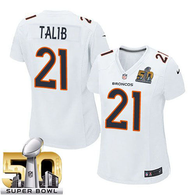 Women's Denver Broncos #21 Aqib Talib White Super Bowl 50 Game Event Jersey