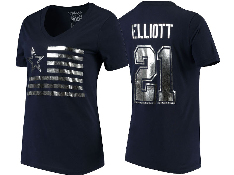 Dallas Cowboys #21 Ezekiel Elliott Navy Foil Field Name & Number T-Shirt