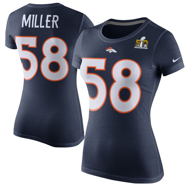 womens Denver Broncos #58 Von Miller Navy Super Bowl 50 Name & Number T-shirt