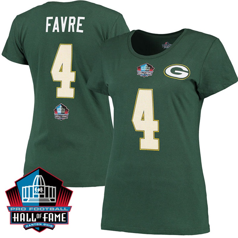 Womens Green Bay Packers #4 Brett Favre Green Hall Of Fame Fair Catch Name & Number T-shirt