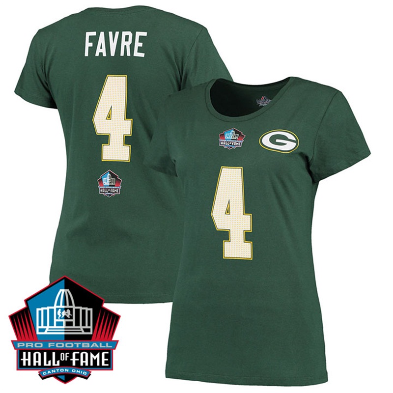 Womens Green Bay Packers #4 Brett Favre Green Hall Of Fame Name & Number T-shirt