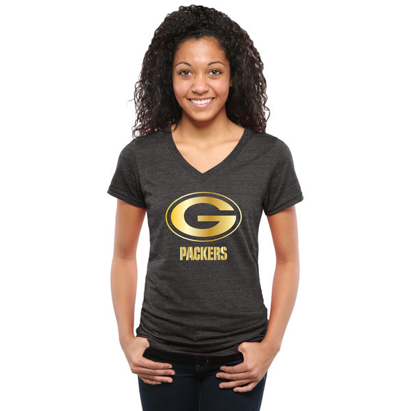 Womens Green Bay Packers Black Gold Collection V-Neck Tri-Bend T-Shirt