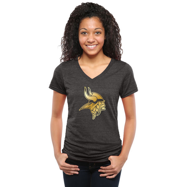 Womens Minnesota Vikings Black Gold Collection V-Neck Tri-Bend T-Shirt