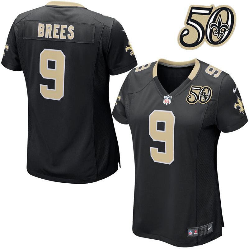 Womens New Orleans Saints #9 Drew Brees Black 50th Anniversary Game Jersey