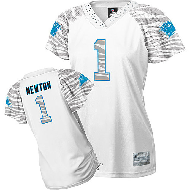 Women's Carolina Panthers #1 Cam Newton White Zebra Field Flirt Fashion Jersey