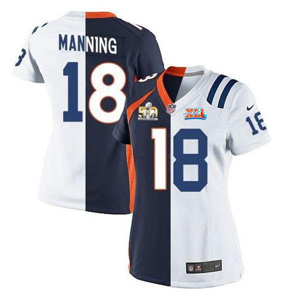 Women's Peyton Manning #18 Broncos Alternate/Colts Road Super Bowl 50/XLI Game Two Tone Jersey