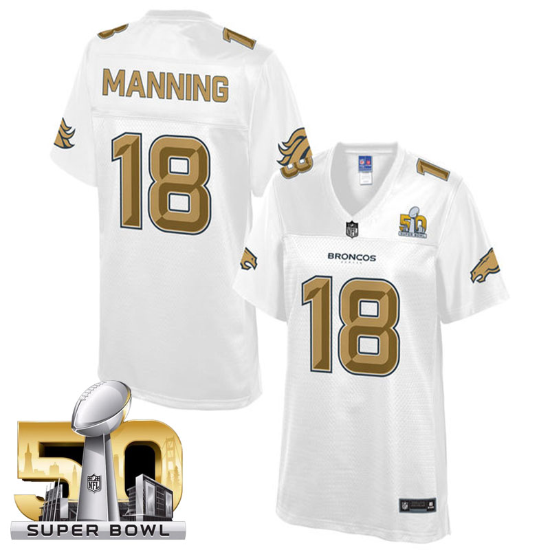 Womens Denver Broncos #18 Peyton Manning White 2016 Super Bowl 50 Pro Line Fashion Jersey