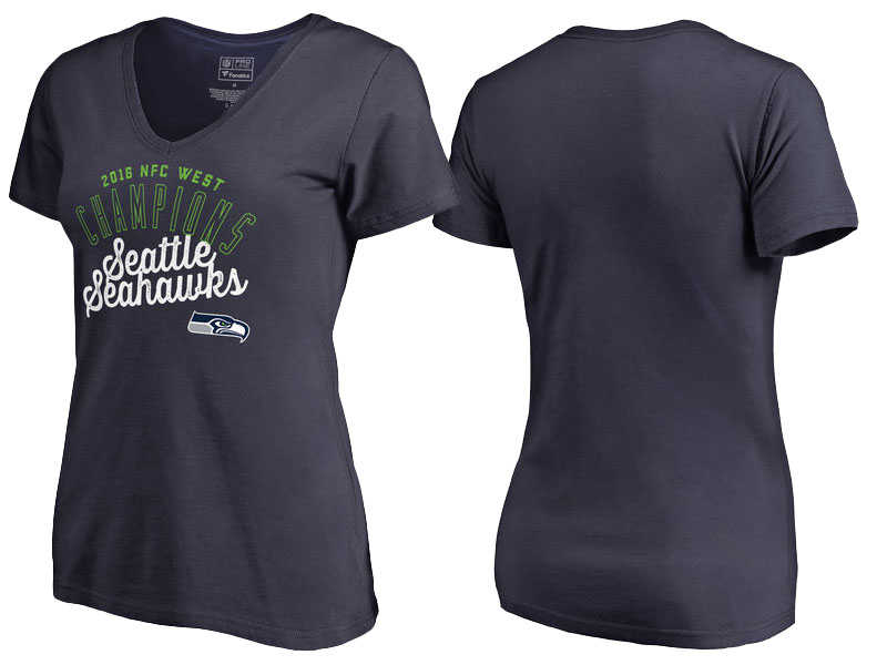 Women's 2016 NFC West Division Champions Seattle Seahawks College Navy V-Neck T-Shirt