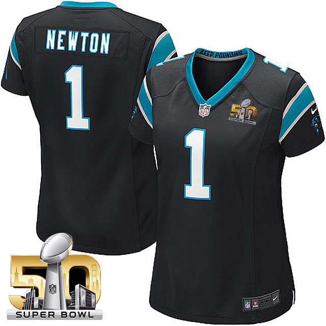 Women's Carolina Panthers #1 Cam Newton Black 2016 Super Bowl 50 Game Jersey