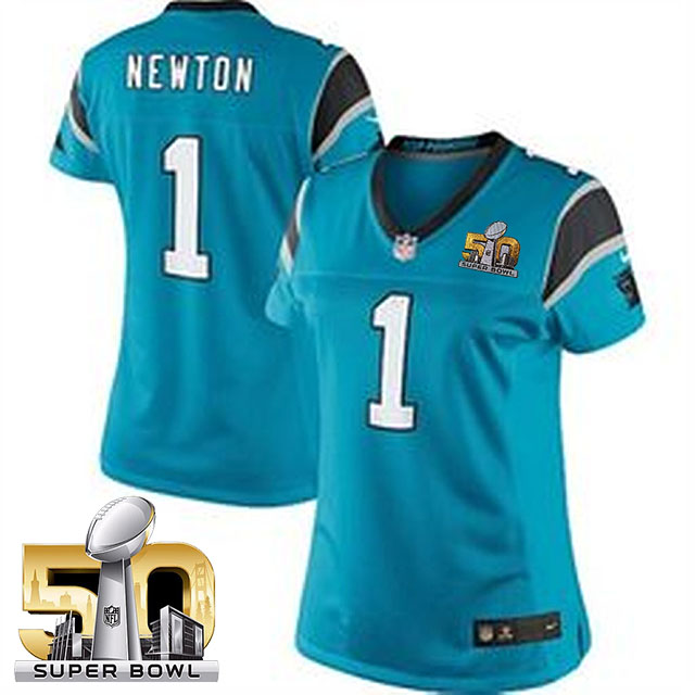 Women's Carolina Panthers #1 Cam Newton Blue 2016 Super Bowl 50 Game Jersey