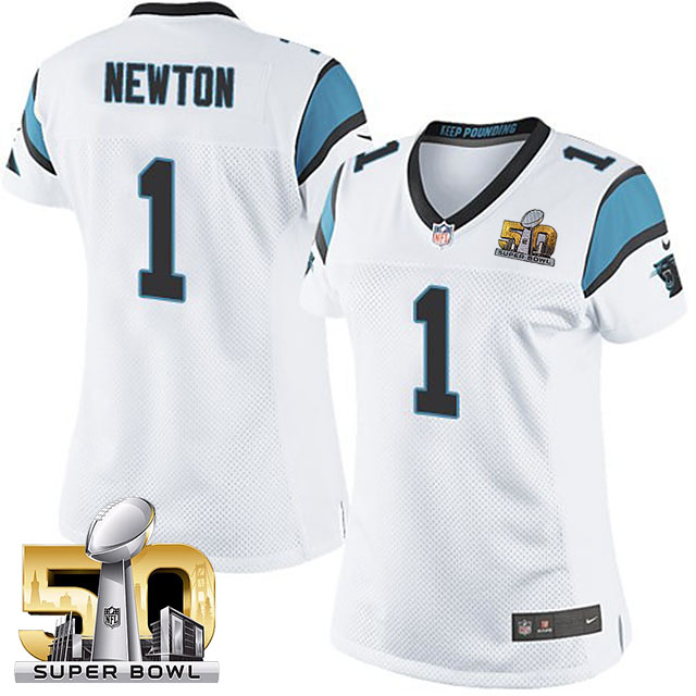 Women's Carolina Panthers #1 Cam Newton White 2016 Super Bowl 50 Game Jersey