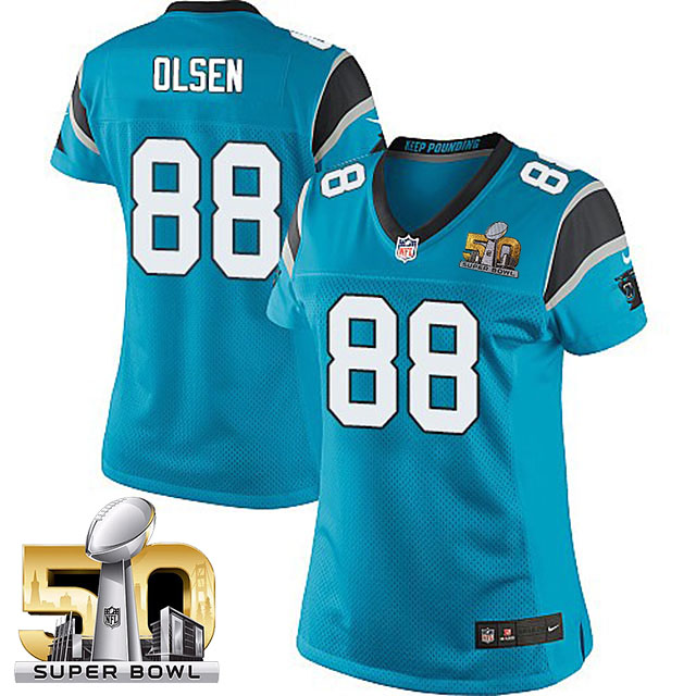 Women's Carolina Panthers #88 Greg Olsen Blue 2016 Super Bowl 50 Game Jersey