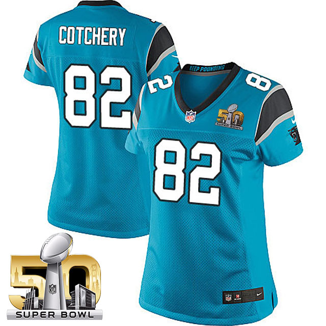 Women's Carolina Panthers #82 Jerricho Cotchery Blue 2016 Super Bowl 50 Game Jersey