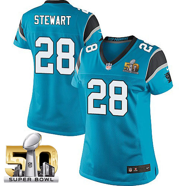 Women's Carolina Panthers #28 Jonathan Stewart Blue 2016 Super Bowl 50 Game Jersey