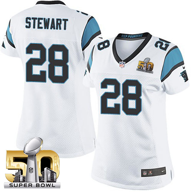 Women's Carolina Panthers #28 Jonathan Stewart White 2016 Super Bowl 50 Game Jersey