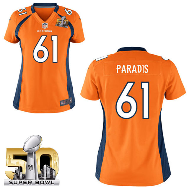 Women's 2016 Super Bowl 50 Denver Broncos #61 Matt Paradis Orange Game Jersey