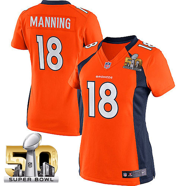 Women's 2016 Super Bowl 50 Denver Broncos #18 Peyton Manning Orange Game Jersey