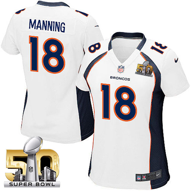 Women's 2016 Super Bowl 50 Denver Broncos #18 Peyton Manning White Game Jersey