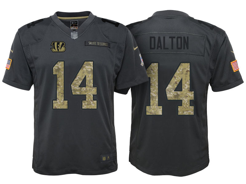 Youth Cincinnati Bengals #14 Andy Dalton Camo Anthracite 2016 Salute to Service Game Jersey