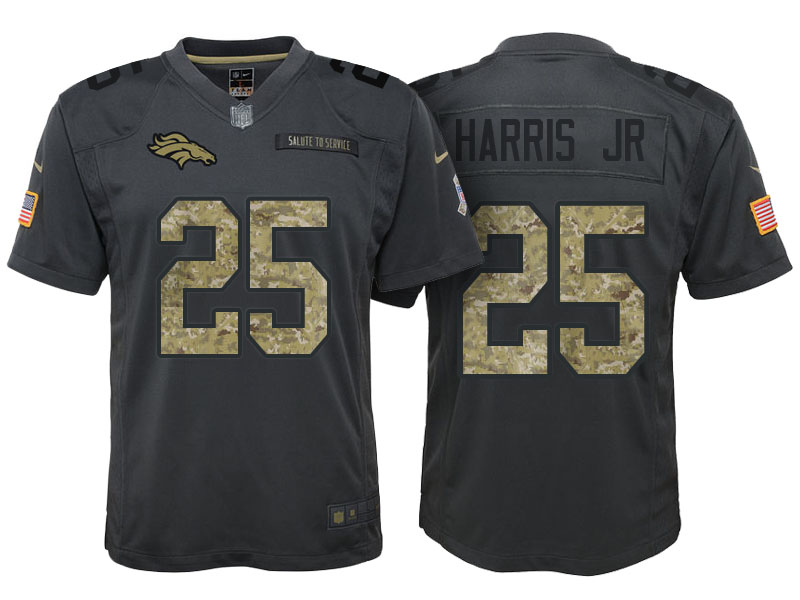 Youth Denver Broncos #25 Chris Harris Jr Camo Anthracite 2016 Salute to Service Game Jersey