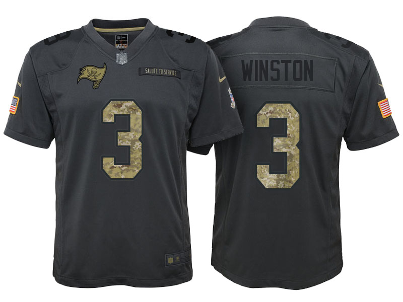 Youth Tampa Bay Buccaneers #3 Jameis Winston Camo Anthracite 2016 Salute to Service Game Jersey