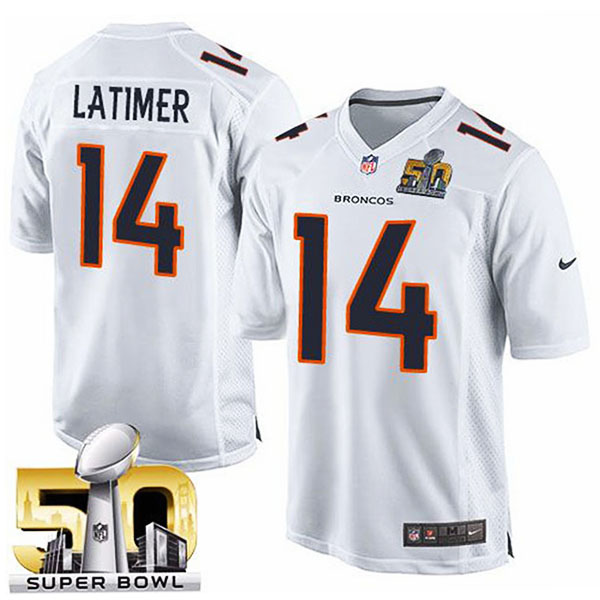 Youth Denver Broncos #14 Cody Latimer White Super Bowl 50 Game Event Jersey