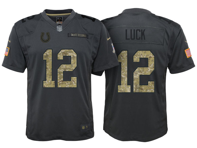 Youth Indianapolis Colts #12 Andrew Luck Camo Anthracite 2016 Salute to Service Game Jersey