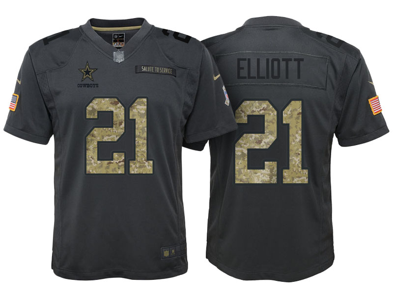 Youth Dallas Cowboys #21 Ezekiel Elliott Camo Anthracite 2016 Salute to Service Game Jersey